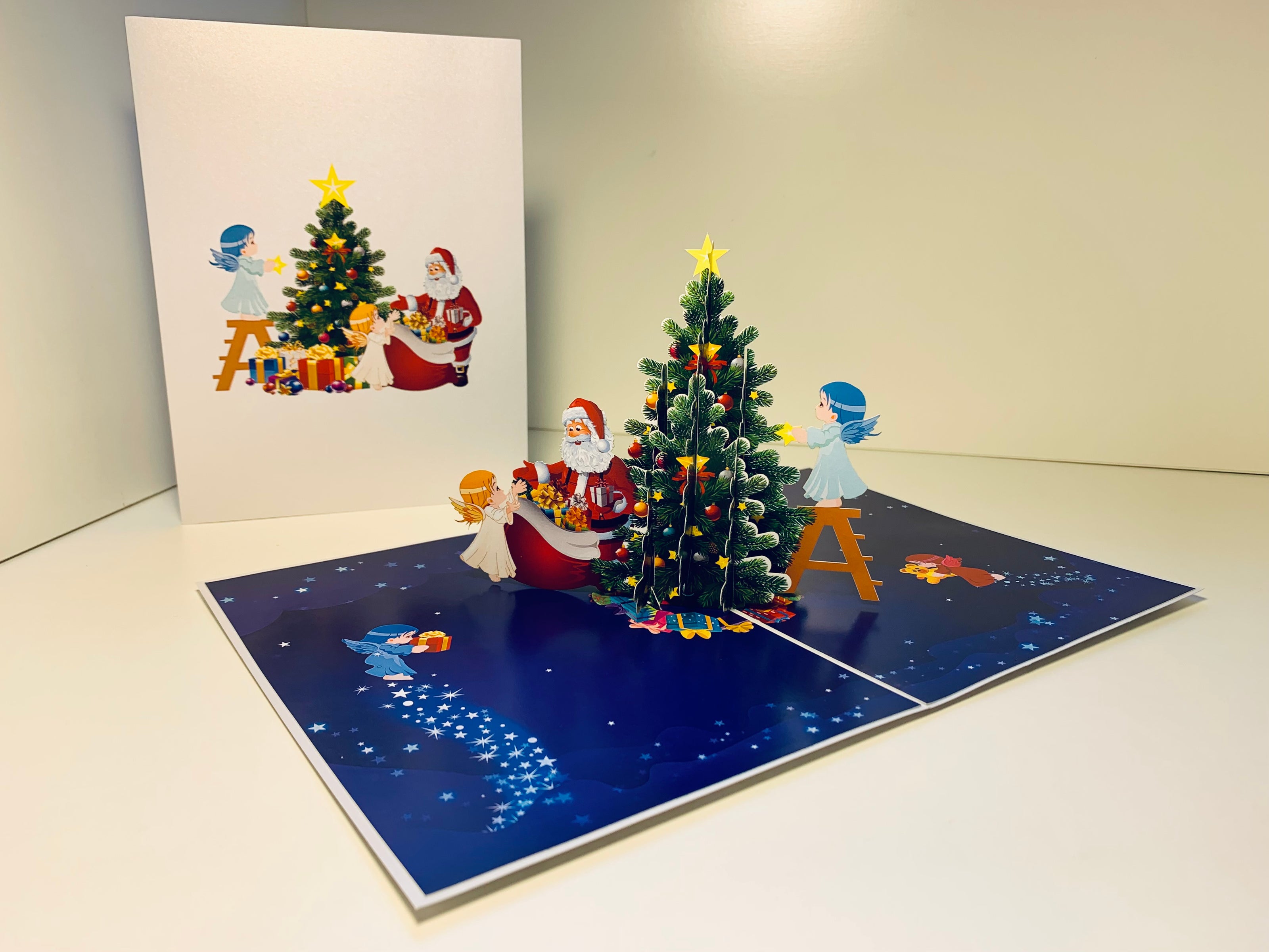 Santa Claus & Baby Angels Decorate Christmas Tree Origami Pop Cards 3D Pop Up Greeting Card Merry Christmas Thank You Handmade Best Wishes Blank Card Gift Happy Holidays Celebrate the Special Day Moment with Family and Friends