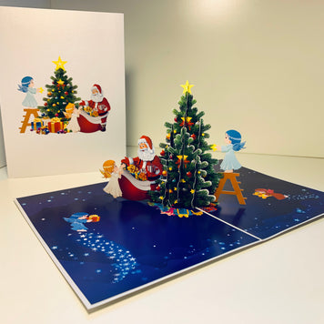 Santa Claus & Baby Angels Decorate Christmas Tree Origami Pop Cards 3D Pop Up Greeting Card Merry Christmas Thank You Handmade Best Wishes Blank Card Gift Happy Holidays Celebrate the Special Day Moment with Family and Friends