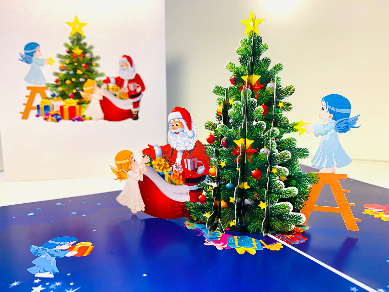 Santa Claus & Baby Angels Decorate Christmas Tree Origami Pop Cards 3D Pop Up Greeting Card Merry Christmas Thank You Handmade Best Wishes Blank Card Gift Happy Holidays Celebrate the Special Day Moment with Family and Friends