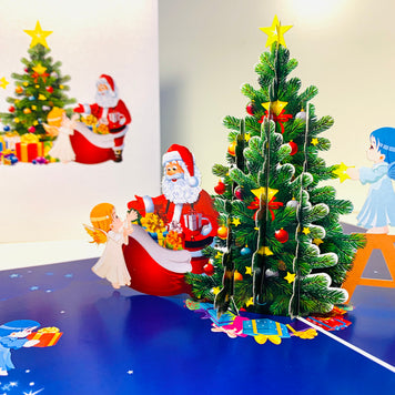 Santa Claus & Baby Angels Decorate Christmas Tree Origami Pop Cards 3D Pop Up Greeting Card Merry Christmas Thank You Handmade Best Wishes Blank Card Gift Happy Holidays Celebrate the Special Day Moment with Family and Friends
