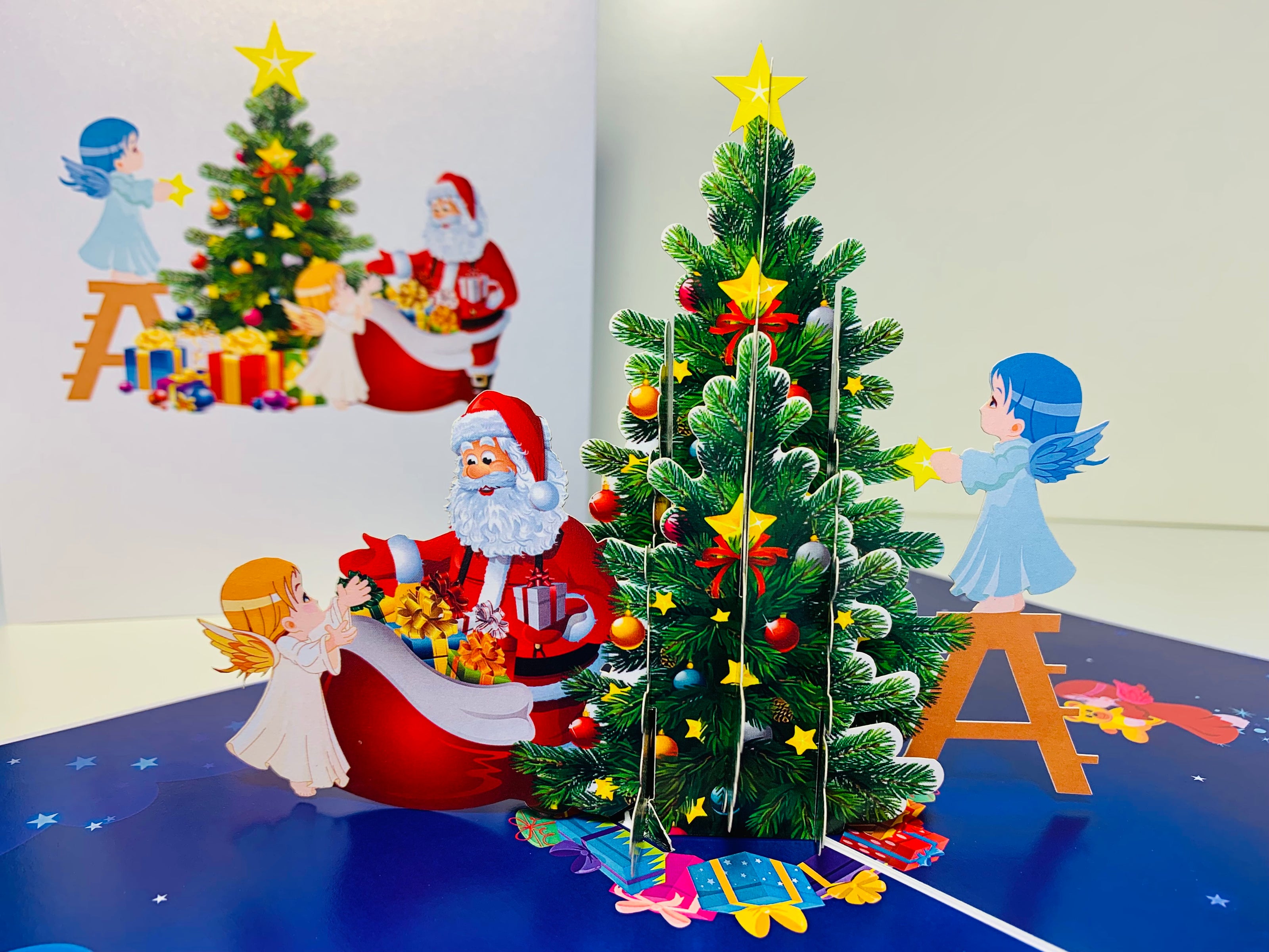 Santa Claus & Baby Angels Decorate Christmas Tree Origami Pop Cards 3D Pop Up Greeting Card Merry Christmas Thank You Handmade Best Wishes Blank Card Gift Happy Holidays Celebrate the Special Day Moment with Family and Friends