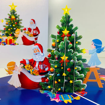Santa Claus & Baby Angels Decorate Christmas Tree Origami Pop Cards 3D Pop Up Greeting Card Merry Christmas Thank You Handmade Best Wishes Blank Card Gift Happy Holidays Celebrate the Special Day Moment with Family and Friends