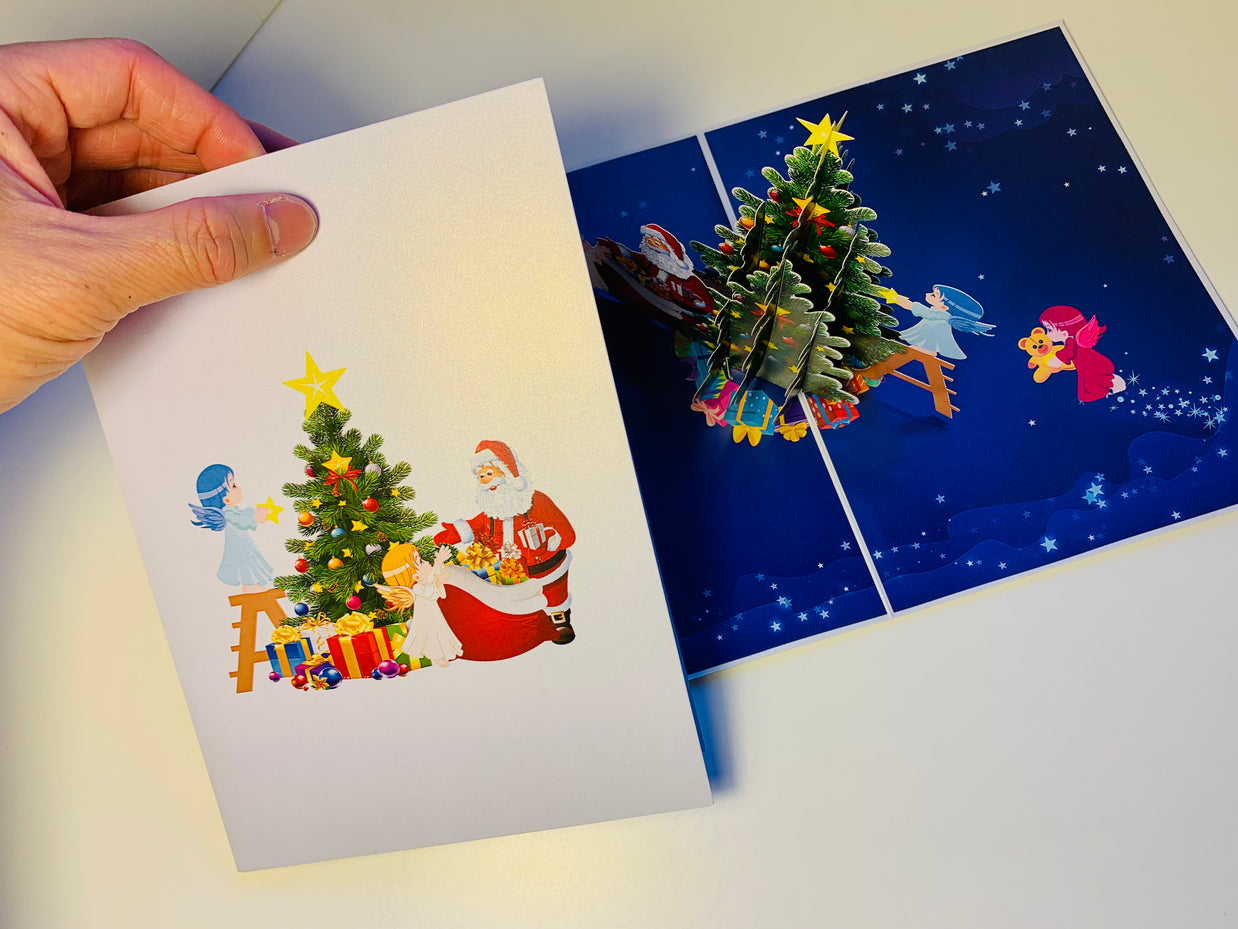 Santa Claus & Baby Angels Decorate Christmas Tree Origami Pop Cards 3D Pop Up Greeting Card Merry Christmas Thank You Handmade Best Wishes Blank Card Gift Happy Holidays Celebrate the Special Day Moment with Family and Friends