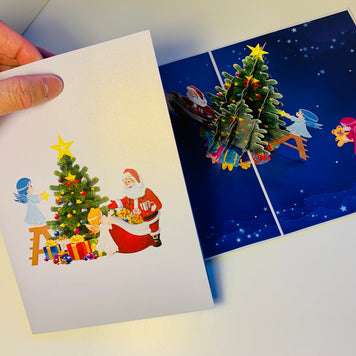 Santa Claus & Baby Angels Decorate Christmas Tree Origami Pop Cards 3D Pop Up Greeting Card Merry Christmas Thank You Handmade Best Wishes Blank Card Gift Happy Holidays Celebrate the Special Day Moment with Family and Friends