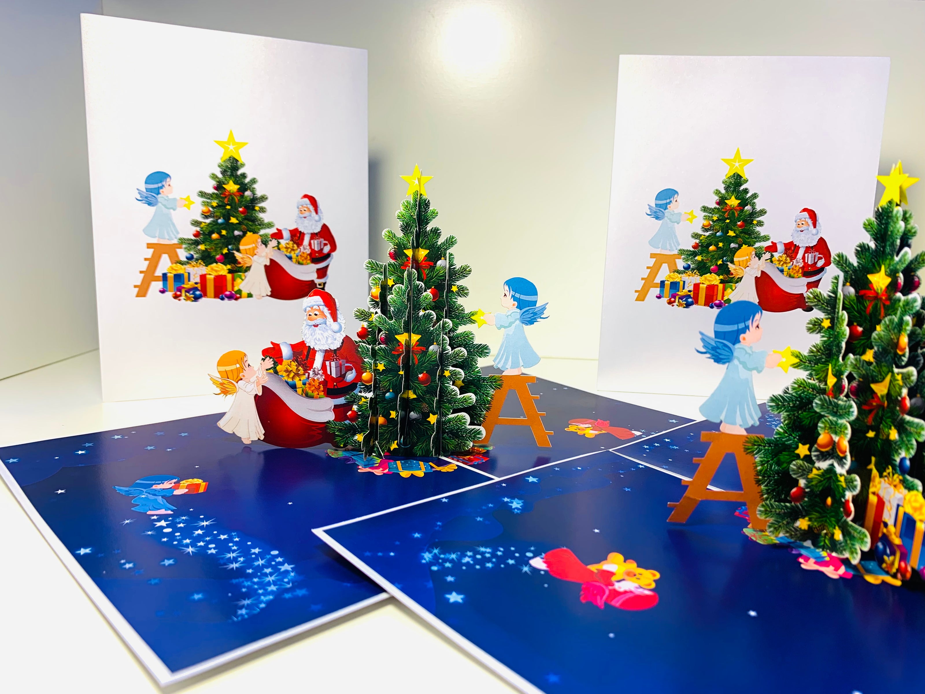 Santa Claus & Baby Angels Decorate Christmas Tree Origami Pop Cards 3D Pop Up Greeting Card Merry Christmas Thank You Handmade Best Wishes Blank Card Gift Happy Holidays Celebrate the Special Day Moment with Family and Friends