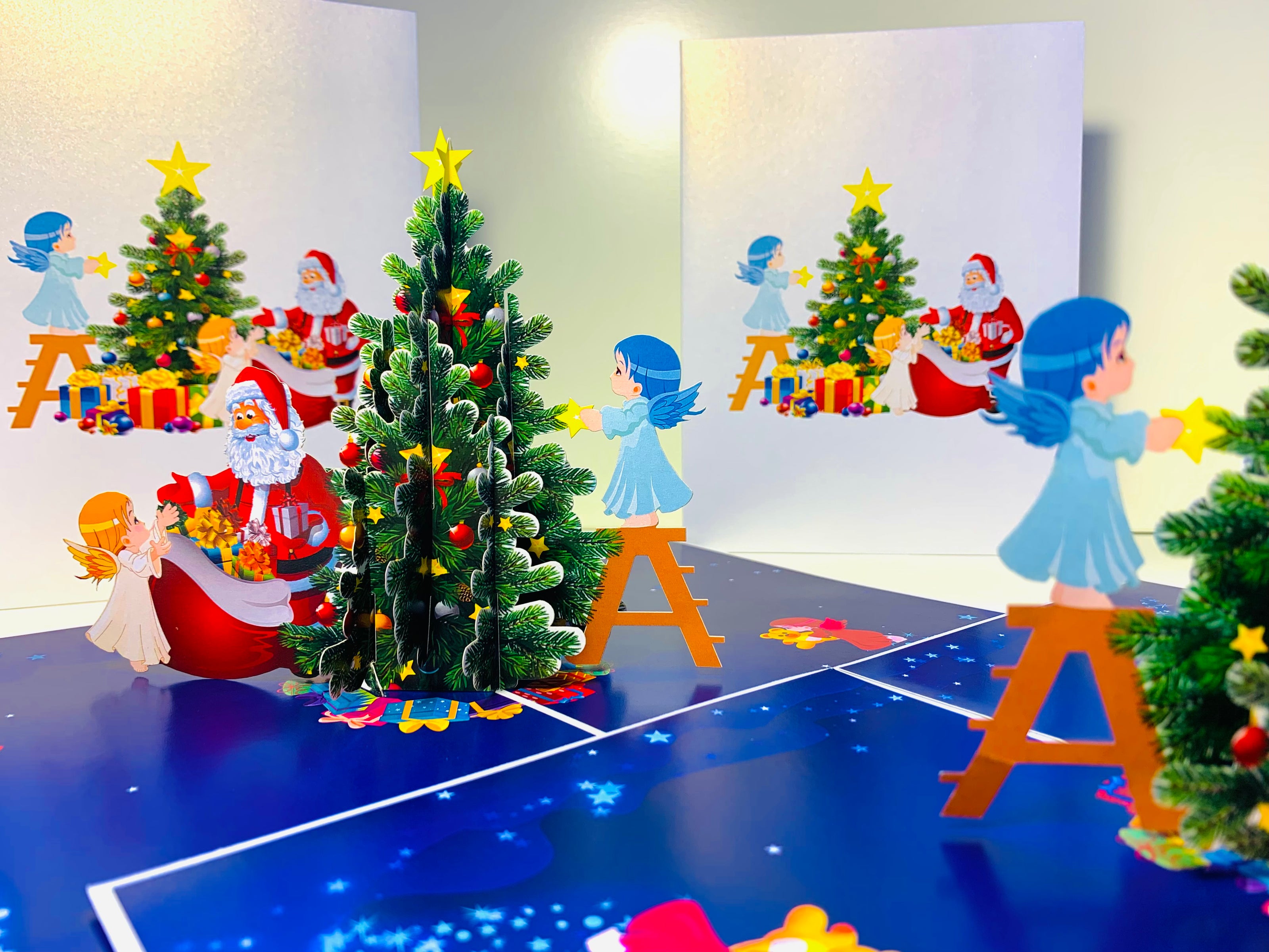 Santa Claus & Baby Angels Decorate Christmas Tree Origami Pop Cards 3D Pop Up Greeting Card Merry Christmas Thank You Handmade Best Wishes Blank Card Gift Happy Holidays Celebrate the Special Day Moment with Family and Friends
