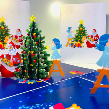 Santa Claus & Baby Angels Decorate Christmas Tree Origami Pop Cards 3D Pop Up Greeting Card Merry Christmas Thank You Handmade Best Wishes Blank Card Gift Happy Holidays Celebrate the Special Day Moment with Family and Friends