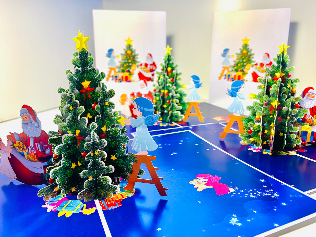 Santa Claus & Baby Angels Decorate Christmas Tree Origami Pop Cards 3D Pop Up Greeting Card Merry Christmas Thank You Handmade Best Wishes Blank Card Gift Happy Holidays Celebrate the Special Day Moment with Family and Friends