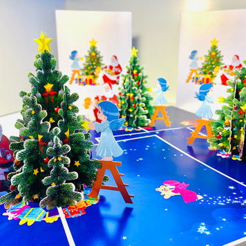 Santa Claus & Baby Angels Decorate Christmas Tree Origami Pop Cards 3D Pop Up Greeting Card Merry Christmas Thank You Handmade Best Wishes Blank Card Gift Happy Holidays Celebrate the Special Day Moment with Family and Friends