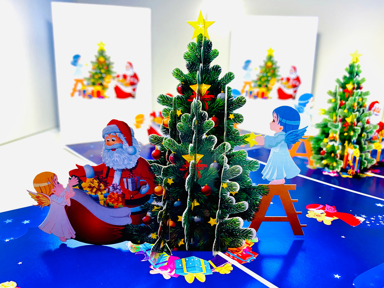 Santa Claus & Baby Angels Decorate Christmas Tree Origami Pop Cards 3D Pop Up Greeting Card Merry Christmas Thank You Handmade Best Wishes Blank Card Gift Happy Holidays Celebrate the Special Day Moment with Family and Friends