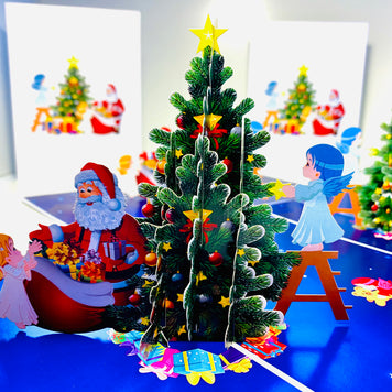 Santa Claus & Baby Angels Decorate Christmas Tree Origami Pop Cards 3D Pop Up Greeting Card Merry Christmas Thank You Handmade Best Wishes Blank Card Gift Happy Holidays Celebrate the Special Day Moment with Family and Friends