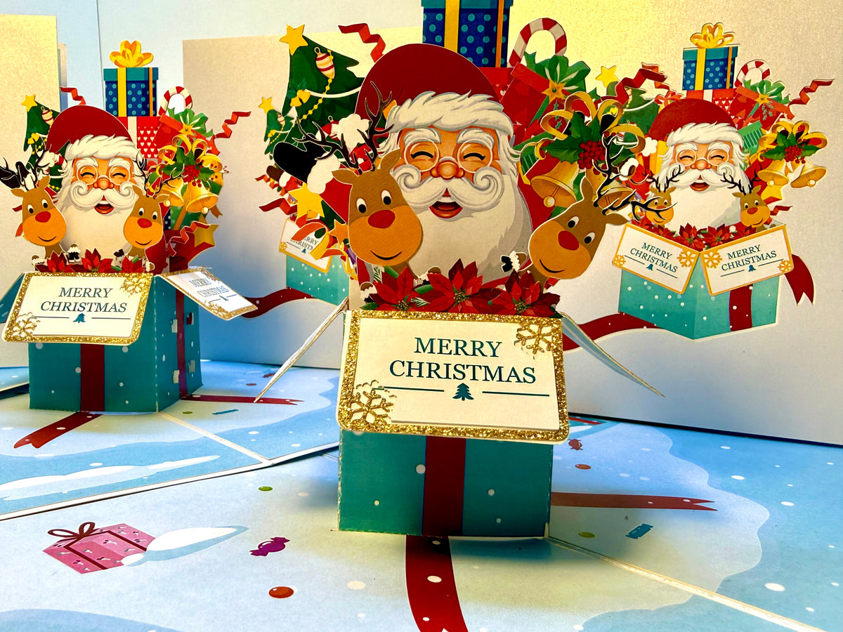 🎄Santa Claus & Reindeer in a Magical Christmas Gift Box – Size 15x15cm Origami Pop Cards 3D Pop Up Greeting Card Merry Christmas Thank You Handmade Best Wishes Blank Card Gift Happy Holidays Celebrate the Special Day