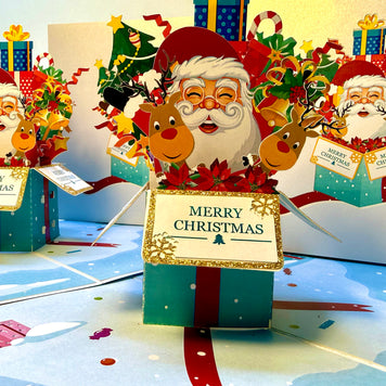 🎄Santa Claus & Reindeer in a Magical Christmas Gift Box – Size 15x15cm Origami Pop Cards 3D Pop Up Greeting Card Merry Christmas Thank You Handmade Best Wishes Blank Card Gift Happy Holidays Celebrate the Special Day