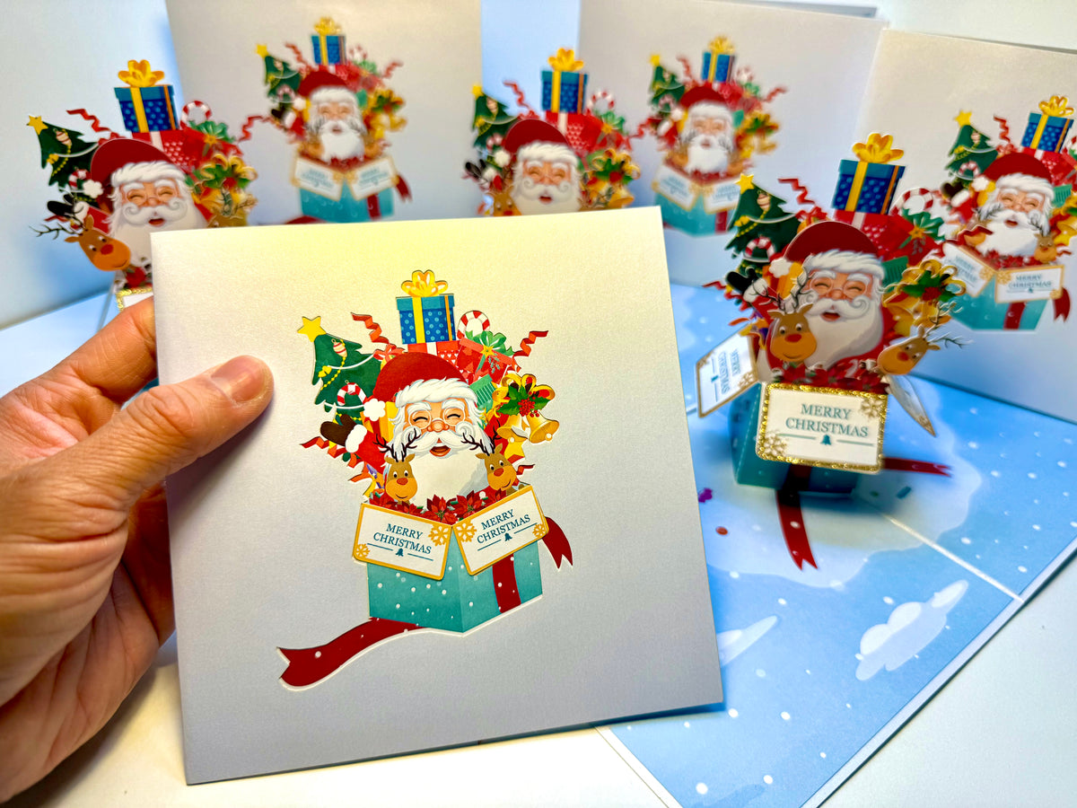 🎄Santa Claus & Reindeer in a Magical Christmas Gift Box – Size 15x15cm Origami Pop Cards 3D Pop Up Greeting Card Merry Christmas Thank You Handmade Best Wishes Blank Card Gift Happy Holidays Celebrate the Special Day