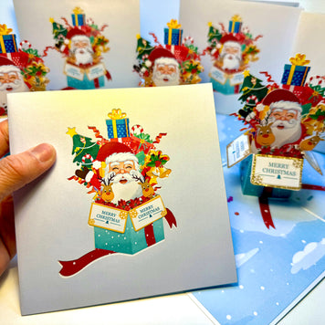 🎄Santa Claus & Reindeer in a Magical Christmas Gift Box – Size 15x15cm Origami Pop Cards 3D Pop Up Greeting Card Merry Christmas Thank You Handmade Best Wishes Blank Card Gift Happy Holidays Celebrate the Special Day