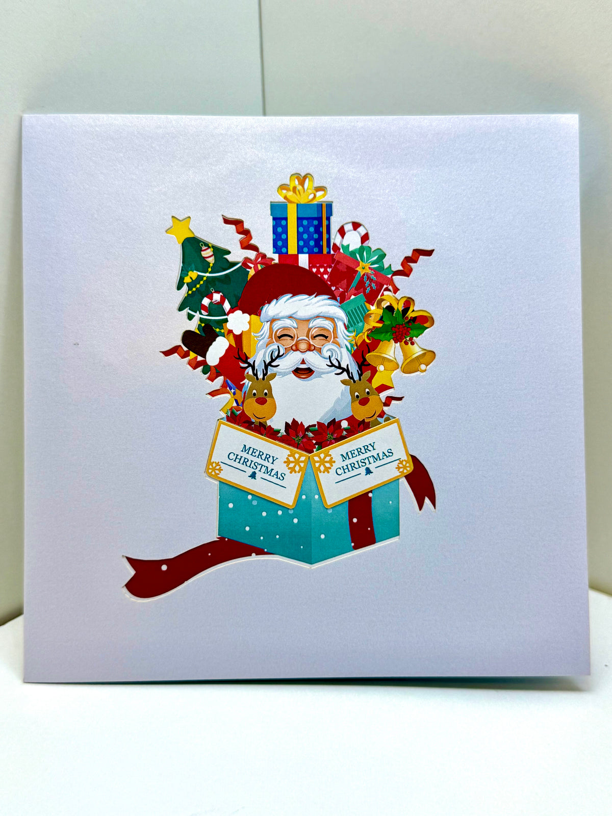 🎄Santa Claus & Reindeer in a Magical Christmas Gift Box – Size 15x15cm Origami Pop Cards 3D Pop Up Greeting Card Merry Christmas Thank You Handmade Best Wishes Blank Card Gift Happy Holidays Celebrate the Special Day