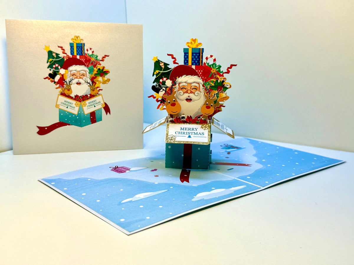 🎄Santa Claus & Reindeer in a Magical Christmas Gift Box – Size 15x15cm Origami Pop Cards 3D Pop Up Greeting Card Merry Christmas Thank You Handmade Best Wishes Blank Card Gift Happy Holidays Celebrate the Special Day