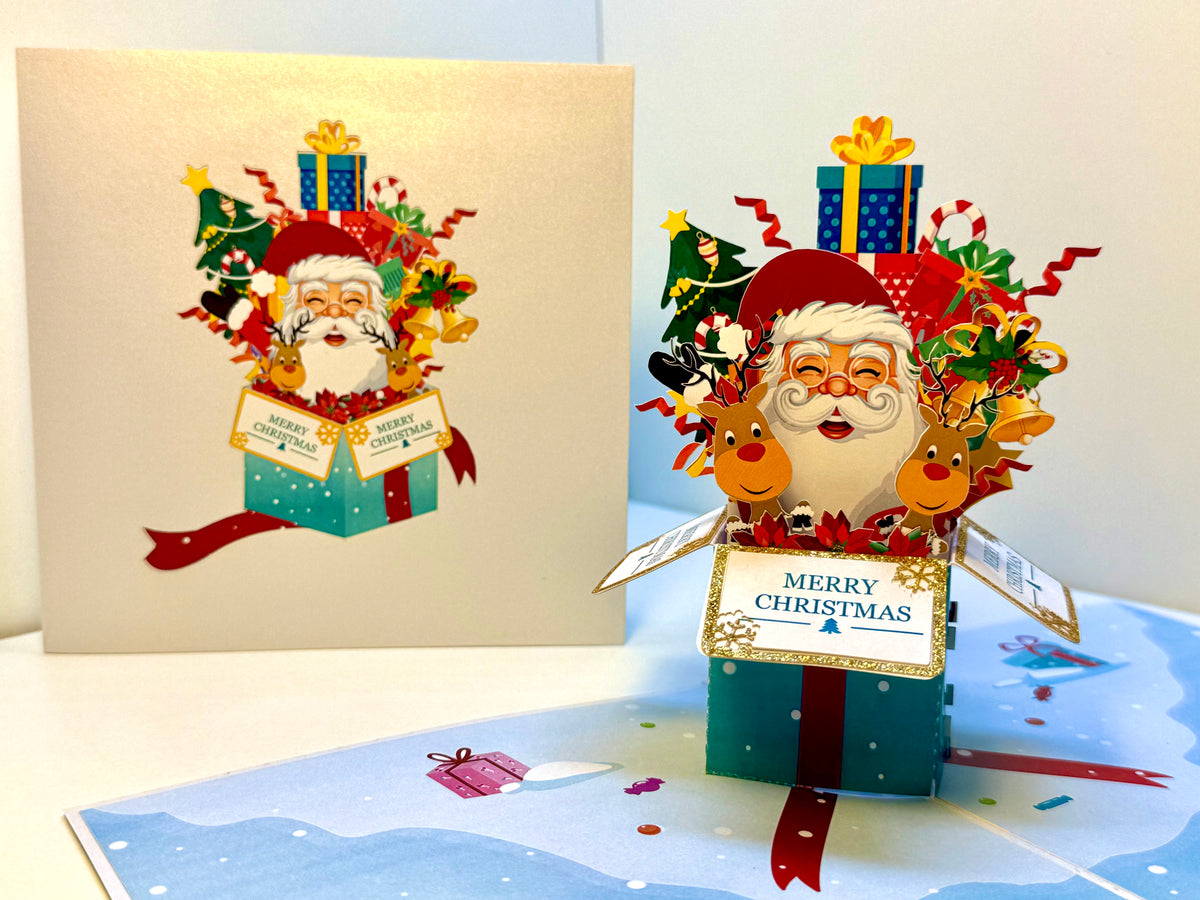 🎄Santa Claus & Reindeer in a Magical Christmas Gift Box – Size 15x15cm Origami Pop Cards 3D Pop Up Greeting Card Merry Christmas Thank You Handmade Best Wishes Blank Card Gift Happy Holidays Celebrate the Special Day