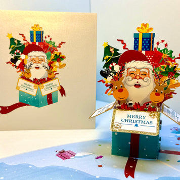 🎄Santa Claus & Reindeer in a Magical Christmas Gift Box – Size 15x15cm Origami Pop Cards 3D Pop Up Greeting Card Merry Christmas Thank You Handmade Best Wishes Blank Card Gift Happy Holidays Celebrate the Special Day
