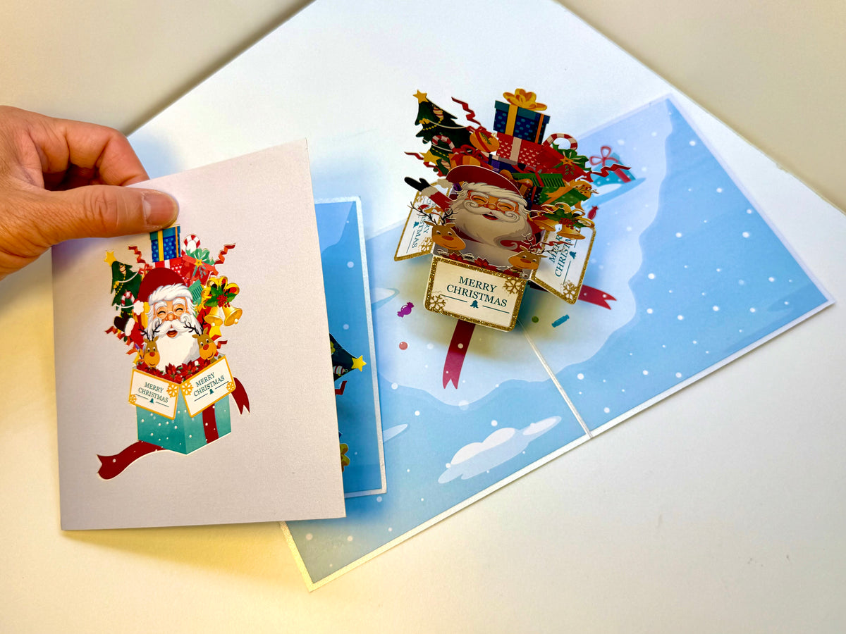 🎄Santa Claus & Reindeer in a Magical Christmas Gift Box – Size 15x15cm Origami Pop Cards 3D Pop Up Greeting Card Merry Christmas Thank You Handmade Best Wishes Blank Card Gift Happy Holidays Celebrate the Special Day