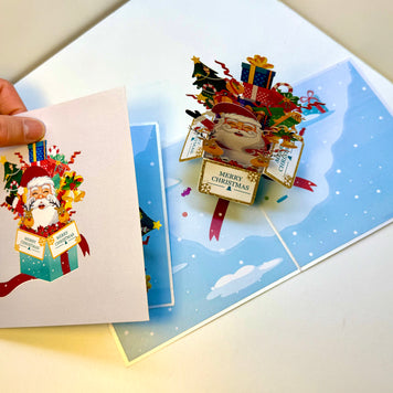 🎄Santa Claus & Reindeer in a Magical Christmas Gift Box – Size 15x15cm Origami Pop Cards 3D Pop Up Greeting Card Merry Christmas Thank You Handmade Best Wishes Blank Card Gift Happy Holidays Celebrate the Special Day