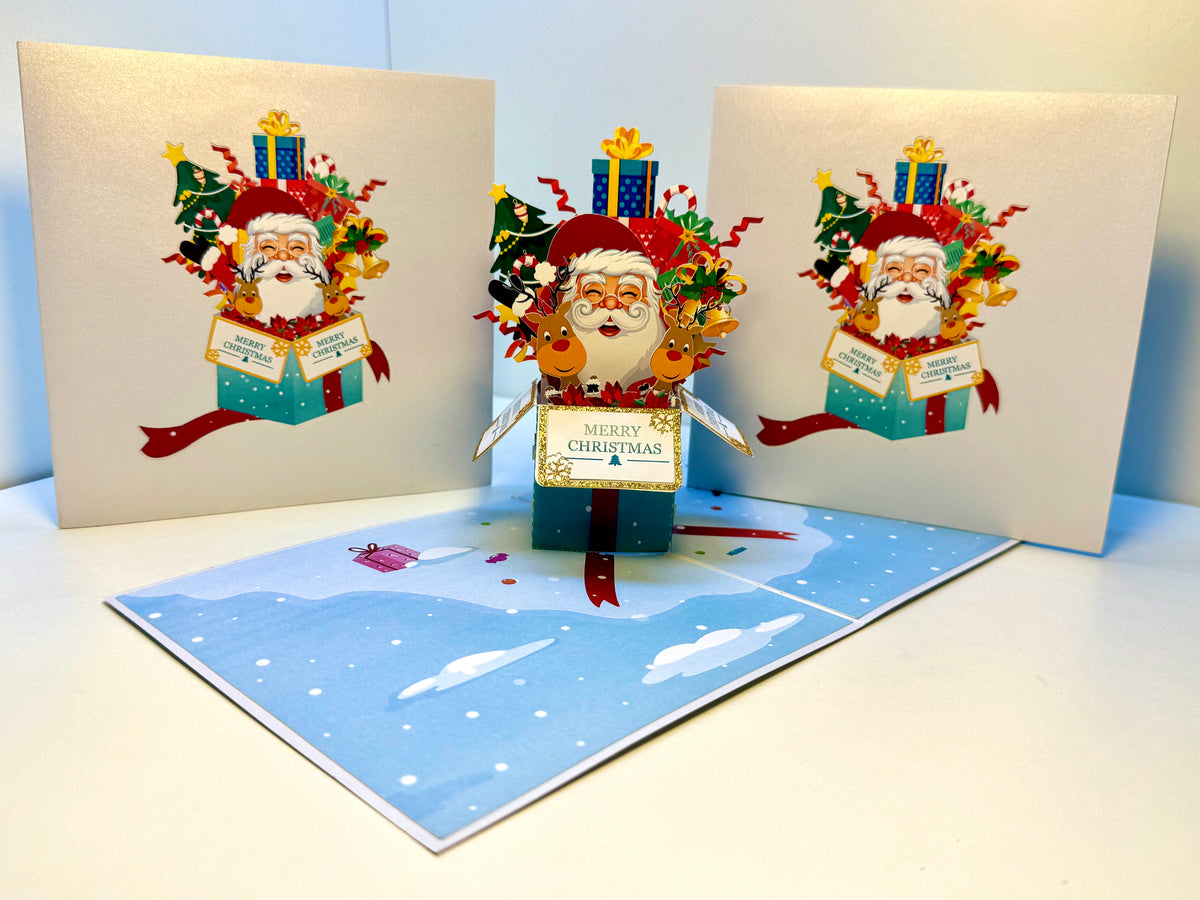 🎄Santa Claus & Reindeer in a Magical Christmas Gift Box – Size 15x15cm Origami Pop Cards 3D Pop Up Greeting Card Merry Christmas Thank You Handmade Best Wishes Blank Card Gift Happy Holidays Celebrate the Special Day