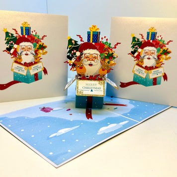 🎄Santa Claus & Reindeer in a Magical Christmas Gift Box – Size 15x15cm Origami Pop Cards 3D Pop Up Greeting Card Merry Christmas Thank You Handmade Best Wishes Blank Card Gift Happy Holidays Celebrate the Special Day
