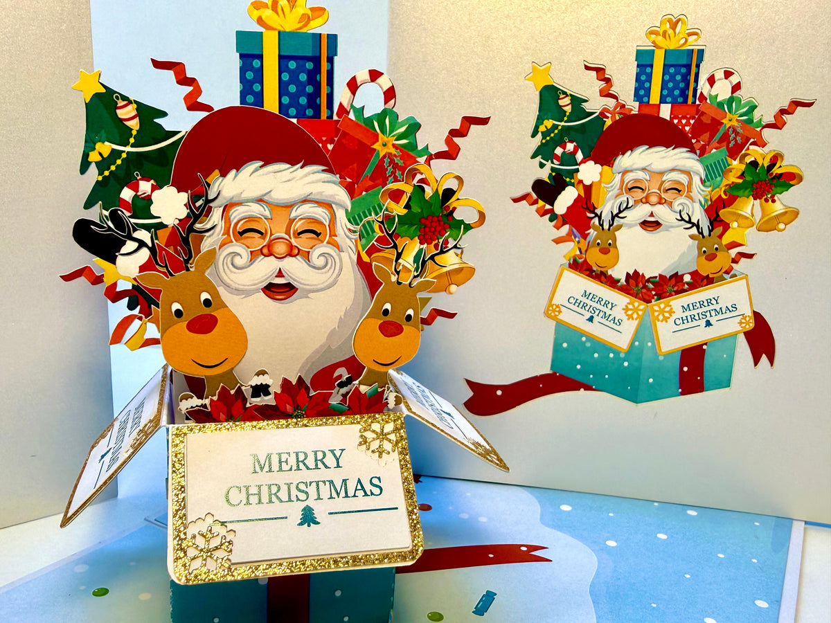 🎄Santa Claus & Reindeer in a Magical Christmas Gift Box – Size 15x15cm Origami Pop Cards 3D Pop Up Greeting Card Merry Christmas Thank You Handmade Best Wishes Blank Card Gift Happy Holidays Celebrate the Special Day