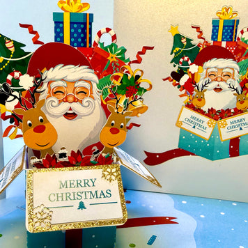🎄Santa Claus & Reindeer in a Magical Christmas Gift Box – Size 15x15cm Origami Pop Cards 3D Pop Up Greeting Card Merry Christmas Thank You Handmade Best Wishes Blank Card Gift Happy Holidays Celebrate the Special Day