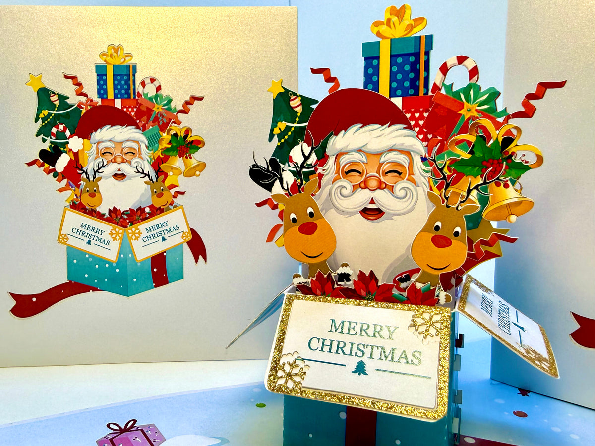 🎄Santa Claus & Reindeer in a Magical Christmas Gift Box – Size 15x15cm Origami Pop Cards 3D Pop Up Greeting Card Merry Christmas Thank You Handmade Best Wishes Blank Card Gift Happy Holidays Celebrate the Special Day