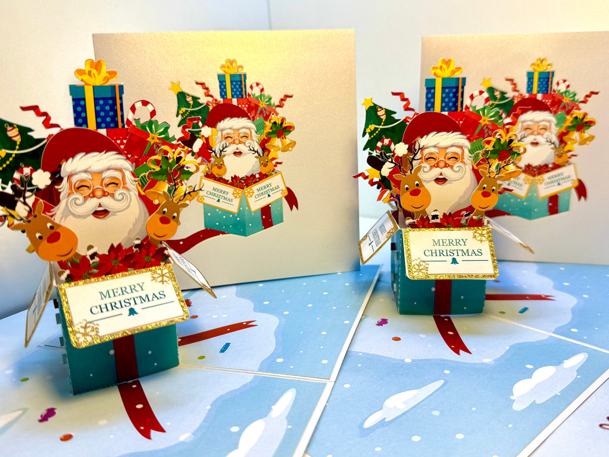 🎄Santa Claus & Reindeer in a Magical Christmas Gift Box – Size 15x15cm Origami Pop Cards 3D Pop Up Greeting Card Merry Christmas Thank You Handmade Best Wishes Blank Card Gift Happy Holidays Celebrate the Special Day