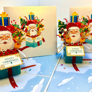 🎄Santa Claus & Reindeer in a Magical Christmas Gift Box – Size 15x15cm Origami Pop Cards 3D Pop Up Greeting Card Merry Christmas Thank You Handmade Best Wishes Blank Card Gift Happy Holidays Celebrate the Special Day