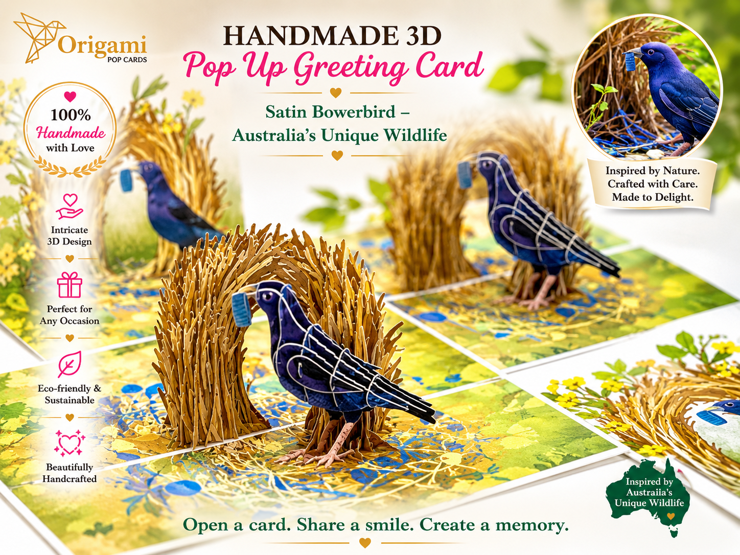 Satin Bowerbird - Australia's Unique Wildlife Origami Pop Cards 3D Pop Up Greeting Card Celebrate Happy Birthday Thank You Handmade Best Wishes Gift Thinking of You Blank Card for Any Occasion Happy Mother's Day Happy Father's Day Australiana Nature