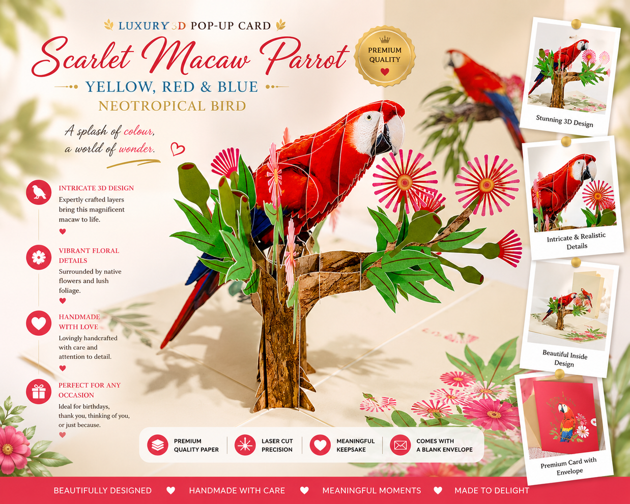 Scarlet Macaw Parrot Yellow Red & Blue Neotropical Bird Origami Pop Cards 3D Pop Up Greeting Card Happy Birthday Thank You Handmade Gift Thinking of You Blank Card for Any Occasion Happy Mother's Day Happy Father's Australiana Birds (Copy)