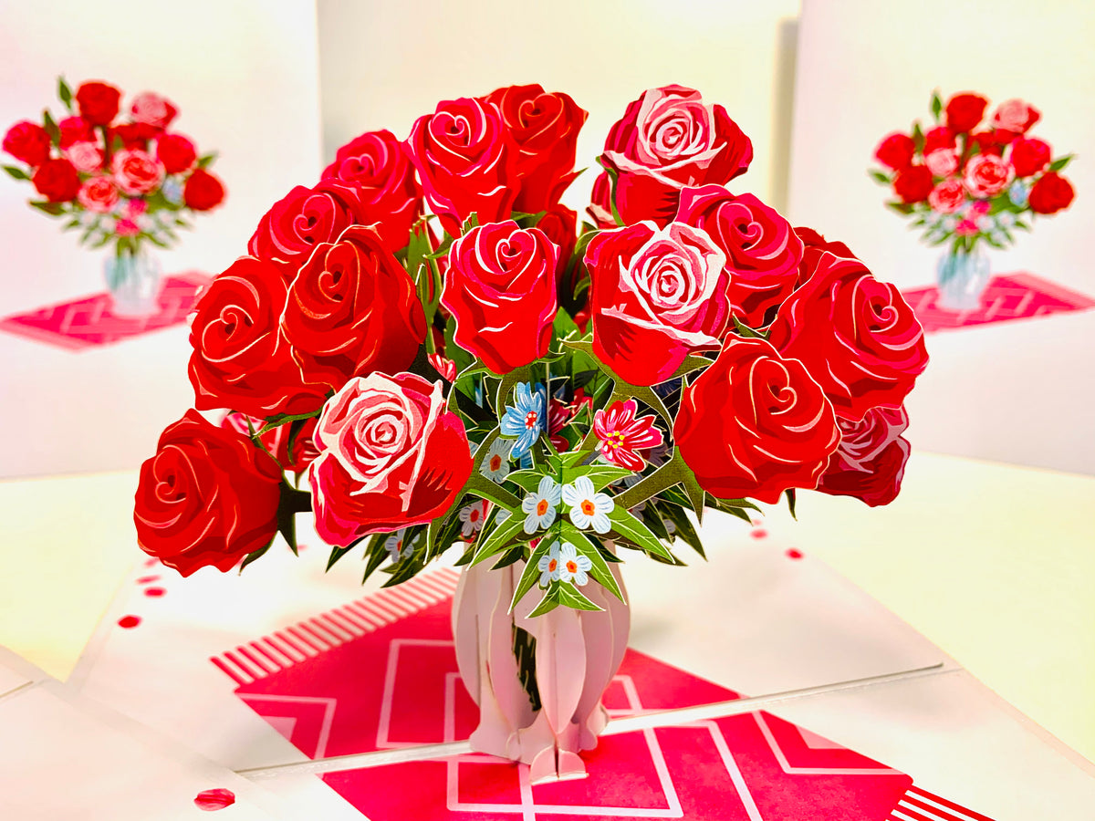 Sensational Bouquet of Red & Pink Roses in a Vase Origami Pop Cards 3D Pop Up Greeting Card Happy Birthday Thank You Handmade Gift Thinking of You Blank Card for Any Occasion Happy Mother's Day Happy Father's Australiana Celebrate and Romantic