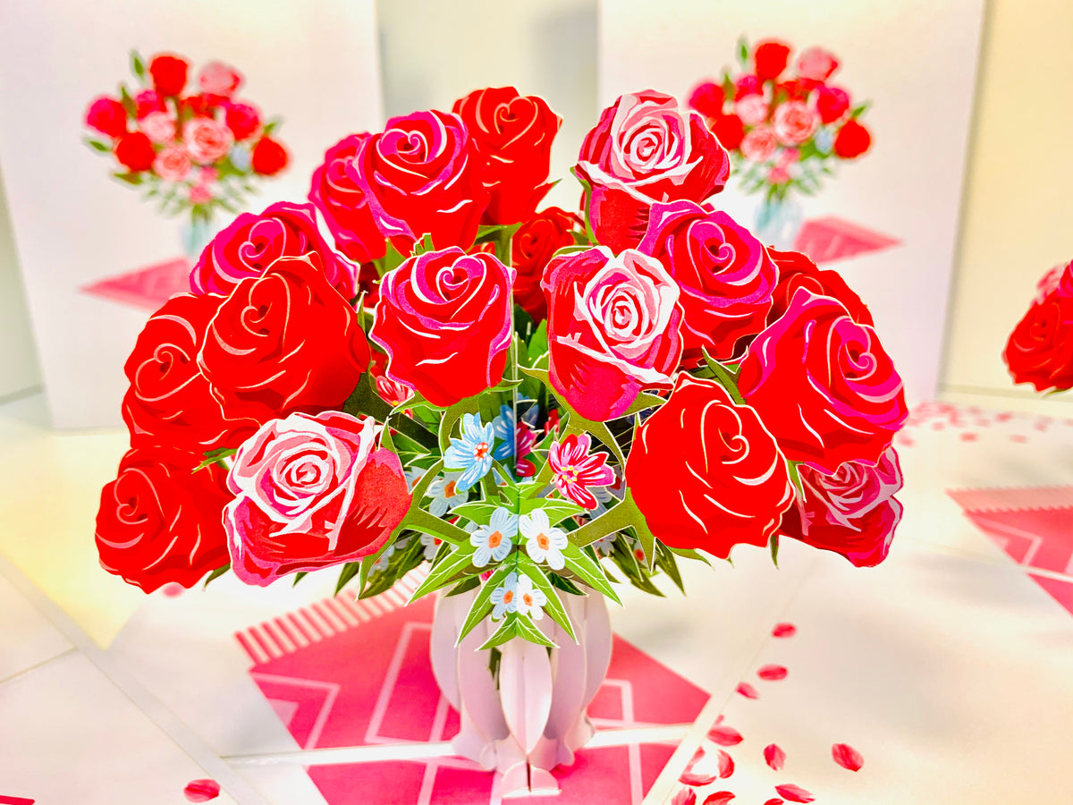 Sensational Bouquet of Red & Pink Roses in a Vase Origami Pop Cards 3D Pop Up Greeting Card Happy Birthday Thank You Handmade Gift Thinking of You Blank Card for Any Occasion Happy Mother's Day Happy Father's Australiana Celebrate and Romantic