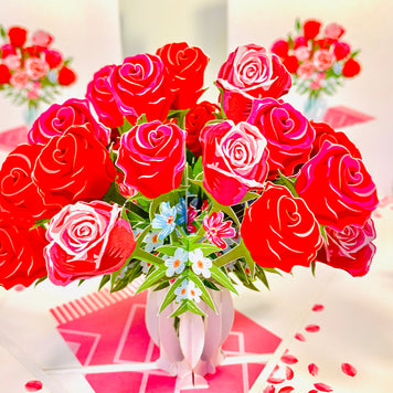 Sensational Bouquet of Red & Pink Roses in a Vase Origami Pop Cards 3D Pop Up Greeting Card Happy Birthday Thank You Handmade Gift Thinking of You Blank Card for Any Occasion Happy Mother's Day Happy Father's Australiana Celebrate and Romantic