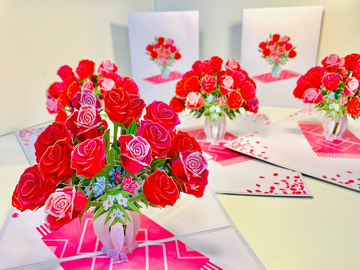 Sensational Bouquet of Red & Pink Roses in a Vase Origami Pop Cards 3D Pop Up Greeting Card Happy Birthday Thank You Handmade Gift Thinking of You Blank Card for Any Occasion Happy Mother's Day Happy Father's Australiana Celebrate and Romantic