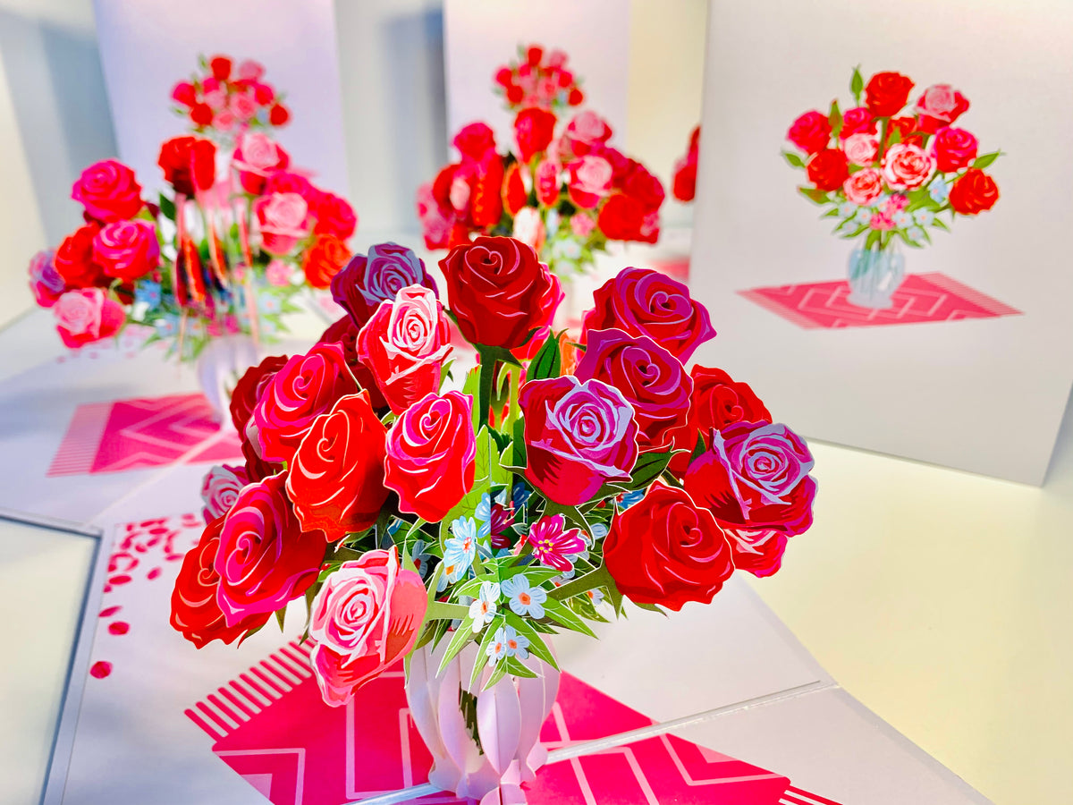 Sensational Bouquet of Red & Pink Roses in a Vase Origami Pop Cards 3D Pop Up Greeting Card Happy Birthday Thank You Handmade Gift Thinking of You Blank Card for Any Occasion Happy Mother's Day Happy Father's Australiana Celebrate and Romantic