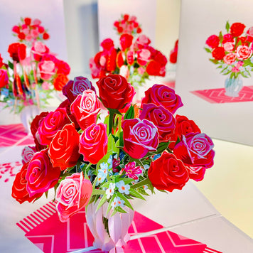 Sensational Bouquet of Red & Pink Roses in a Vase Origami Pop Cards 3D Pop Up Greeting Card Happy Birthday Thank You Handmade Gift Thinking of You Blank Card for Any Occasion Happy Mother's Day Happy Father's Australiana Celebrate and Romantic