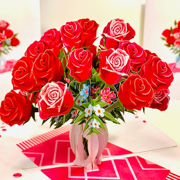 Sensational Bouquet of Red & Pink Roses in a Vase Origami Pop Cards 3D Pop Up Greeting Card Happy Birthday Thank You Handmade Gift Thinking of You Blank Card for Any Occasion Happy Mother's Day Happy Father's Australiana Celebrate and Romantic