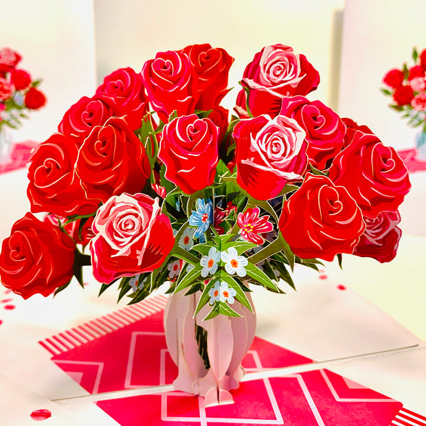 Sensational Bouquet of Red & Pink Roses in a Vase Origami Pop Cards 3D Pop Up Greeting Card Happy Birthday Thank You Handmade Gift Thinking of You Blank Card for Any Occasion Happy Mother's Day Happy Father's Australiana Celebrate and Romantic