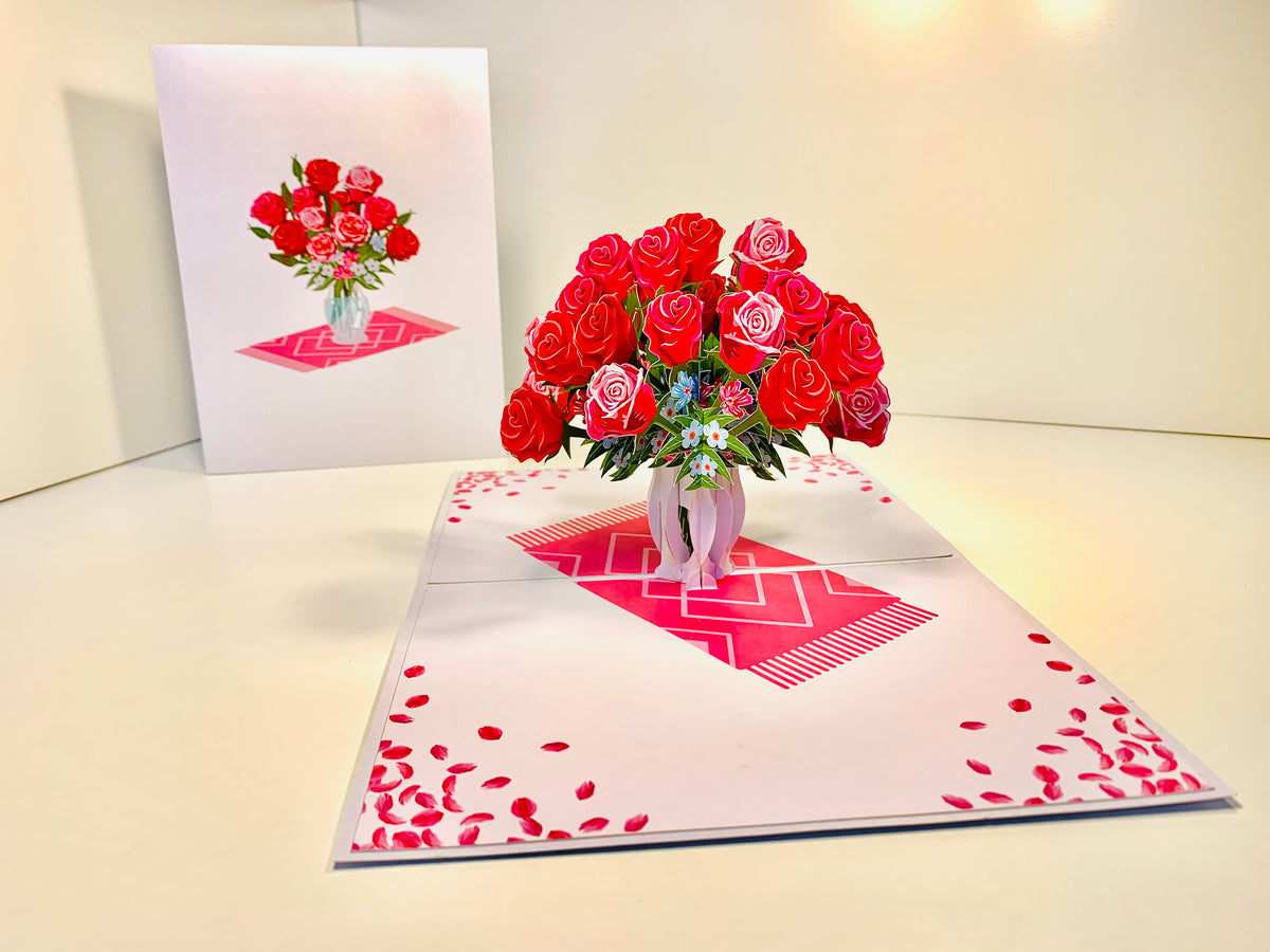 Sensational Bouquet of Red & Pink Roses in a Vase Origami Pop Cards 3D Pop Up Greeting Card Happy Birthday Thank You Handmade Gift Thinking of You Blank Card for Any Occasion Happy Mother's Day Happy Father's Australiana Celebrate and Romantic
