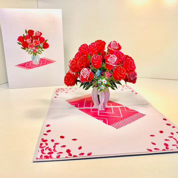 Sensational Bouquet of Red & Pink Roses in a Vase Origami Pop Cards 3D Pop Up Greeting Card Happy Birthday Thank You Handmade Gift Thinking of You Blank Card for Any Occasion Happy Mother's Day Happy Father's Australiana Celebrate and Romantic