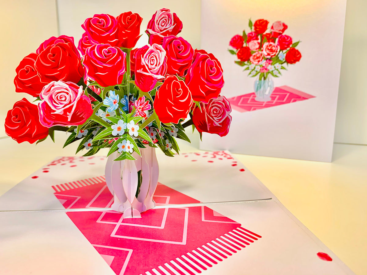 Sensational Bouquet of Red & Pink Roses in a Vase Origami Pop Cards 3D Pop Up Greeting Card Happy Birthday Thank You Handmade Gift Thinking of You Blank Card for Any Occasion Happy Mother's Day Happy Father's Australiana Celebrate and Romantic