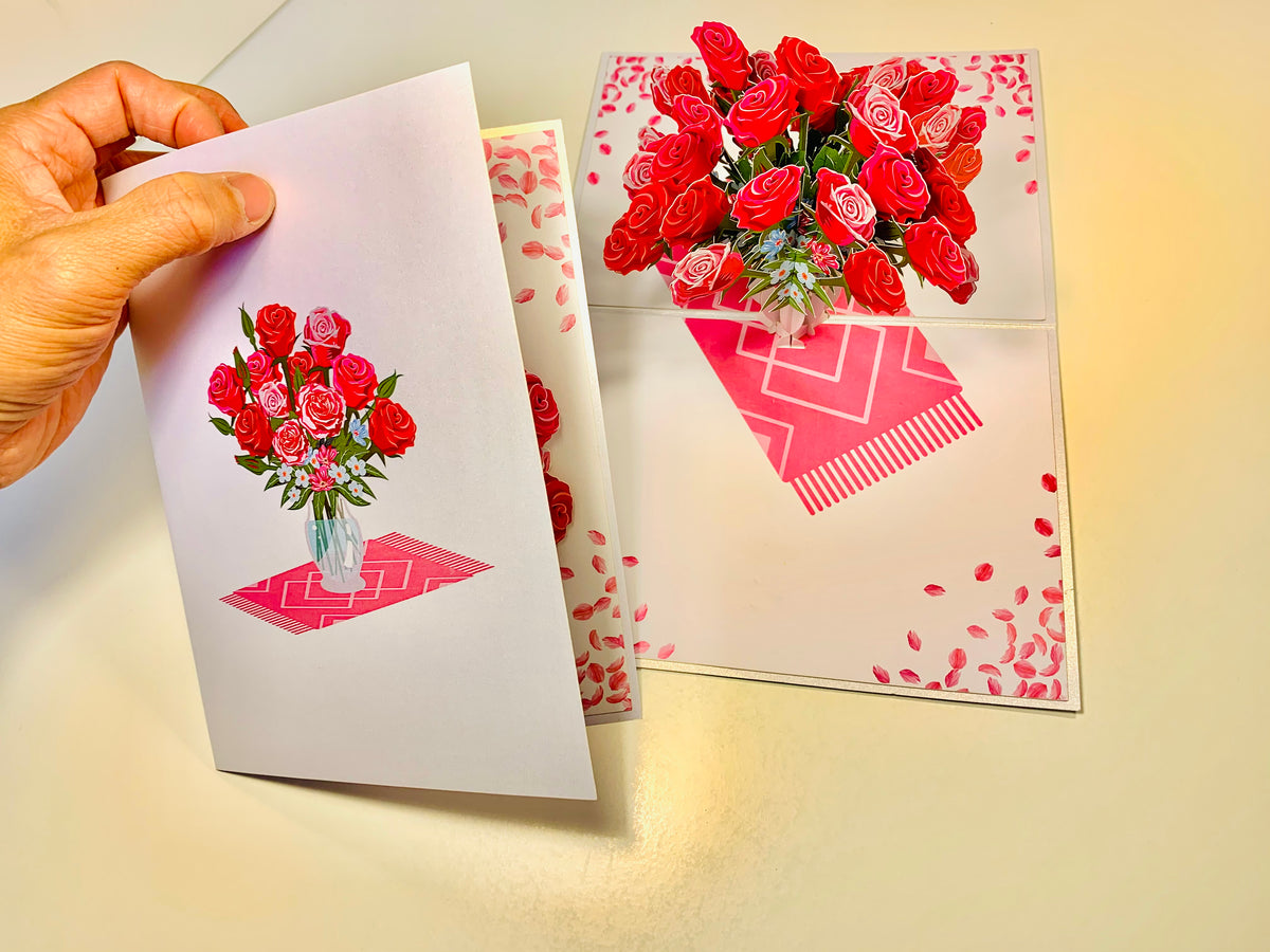 Sensational Bouquet of Red & Pink Roses in a Vase Origami Pop Cards 3D Pop Up Greeting Card Happy Birthday Thank You Handmade Gift Thinking of You Blank Card for Any Occasion Happy Mother's Day Happy Father's Australiana Celebrate and Romantic
