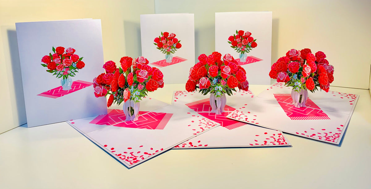 Sensational Bouquet of Red & Pink Roses in a Vase Origami Pop Cards 3D Pop Up Greeting Card Happy Birthday Thank You Handmade Gift Thinking of You Blank Card for Any Occasion Happy Mother's Day Happy Father's Australiana Celebrate and Romantic