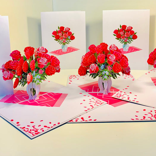 Sensational Bouquet of Red & Pink Roses in a Vase Origami Pop Cards 3D Pop Up Greeting Card Happy Birthday Thank You Handmade Gift Thinking of You Blank Card for Any Occasion Happy Mother's Day Happy Father's Australiana Celebrate and Romantic