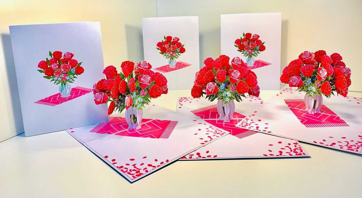 Sensational Bouquet of Red & Pink Roses in a Vase Origami Pop Cards 3D Pop Up Greeting Card Happy Birthday Thank You Handmade Gift Thinking of You Blank Card for Any Occasion Happy Mother's Day Happy Father's Australiana Celebrate and Romantic