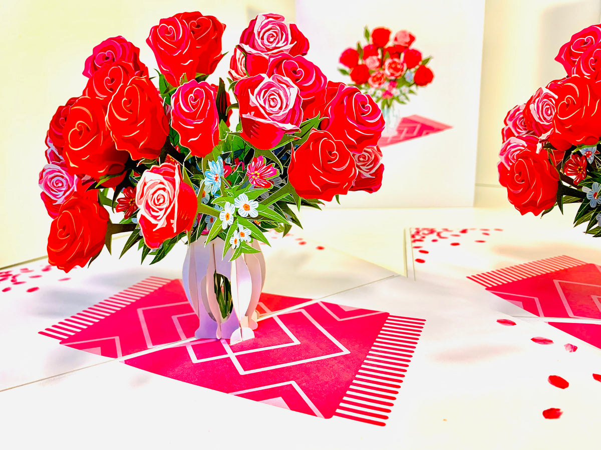 Sensational Bouquet of Red & Pink Roses in a Vase Origami Pop Cards 3D Pop Up Greeting Card Happy Birthday Thank You Handmade Gift Thinking of You Blank Card for Any Occasion Happy Mother's Day Happy Father's Australiana Celebrate and Romantic